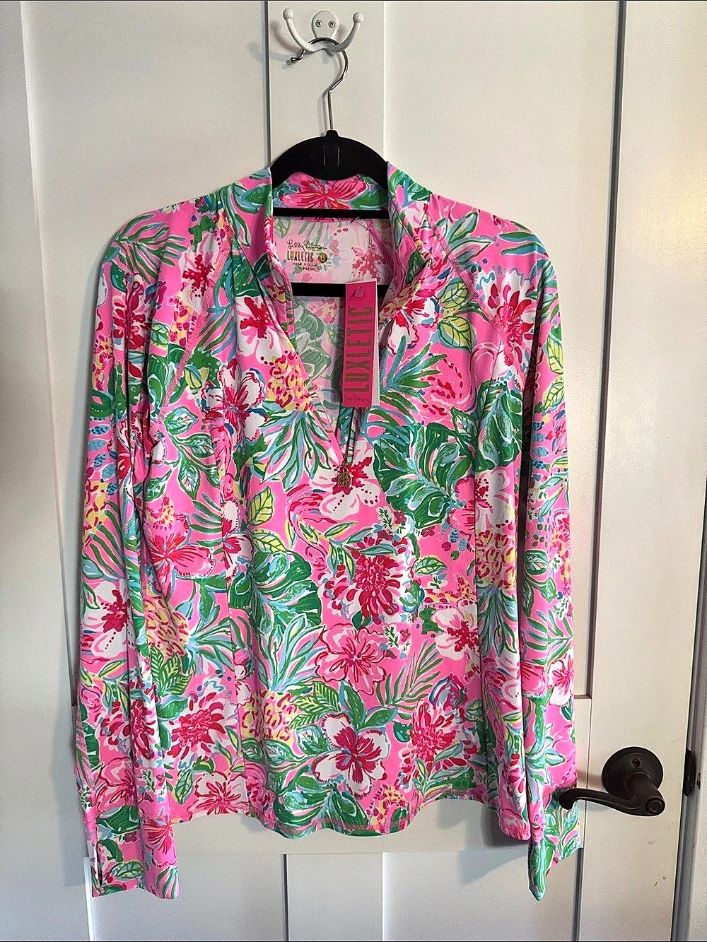 Lilly Pulitzer UPF 50+ Skipper Popover Floral Zip Front Top Pink & Green Size L